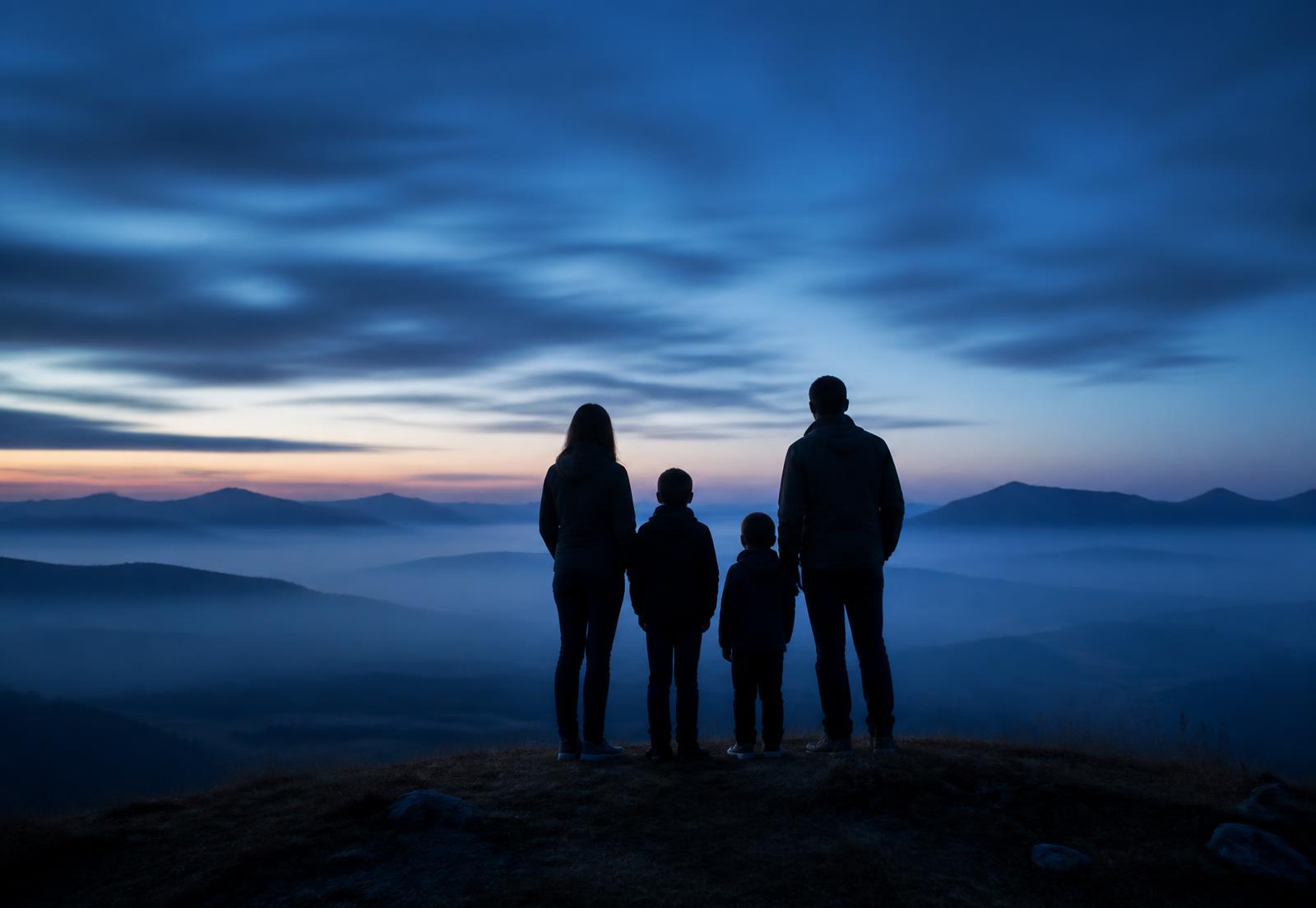 Family standing together at dawn looking over misty mountains